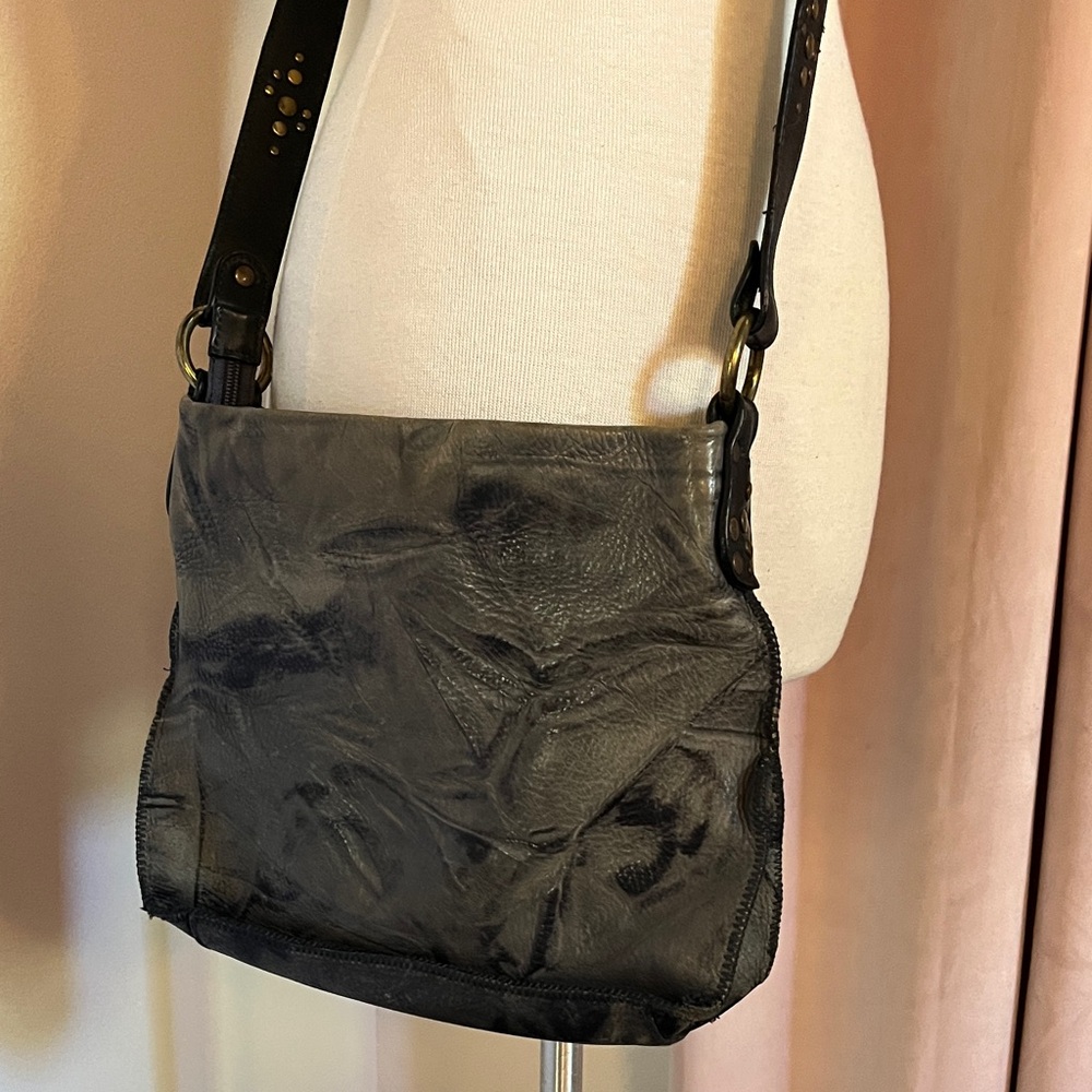 Ellington Black Leather Crossbody Bag with Brass Studded Strap